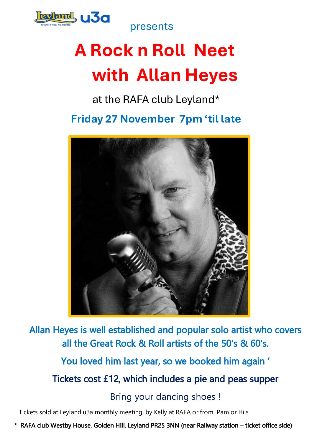 27th NOVEMBER 2026 (Friday) – A Rock n Roll Neet with Allan Heyes, RAFA Club Leyland – Tickets Available